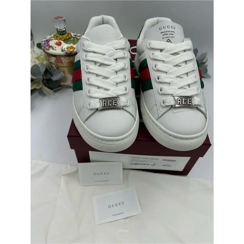 Men's Gucci White Leather ace Sneakers with web, stripe size 8.5 fits 9 US